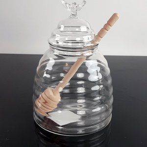 Clear glass Honey Pot & wood Dipper